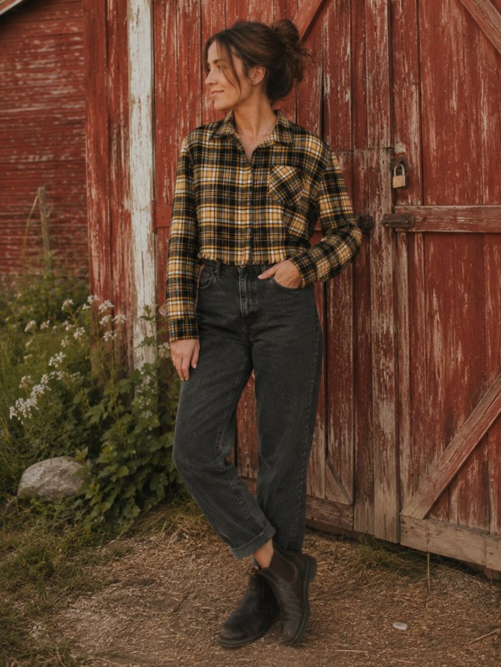 Faded Rose Cropped Flannel Shirt | Size Large | Soft | Fringe Hem
